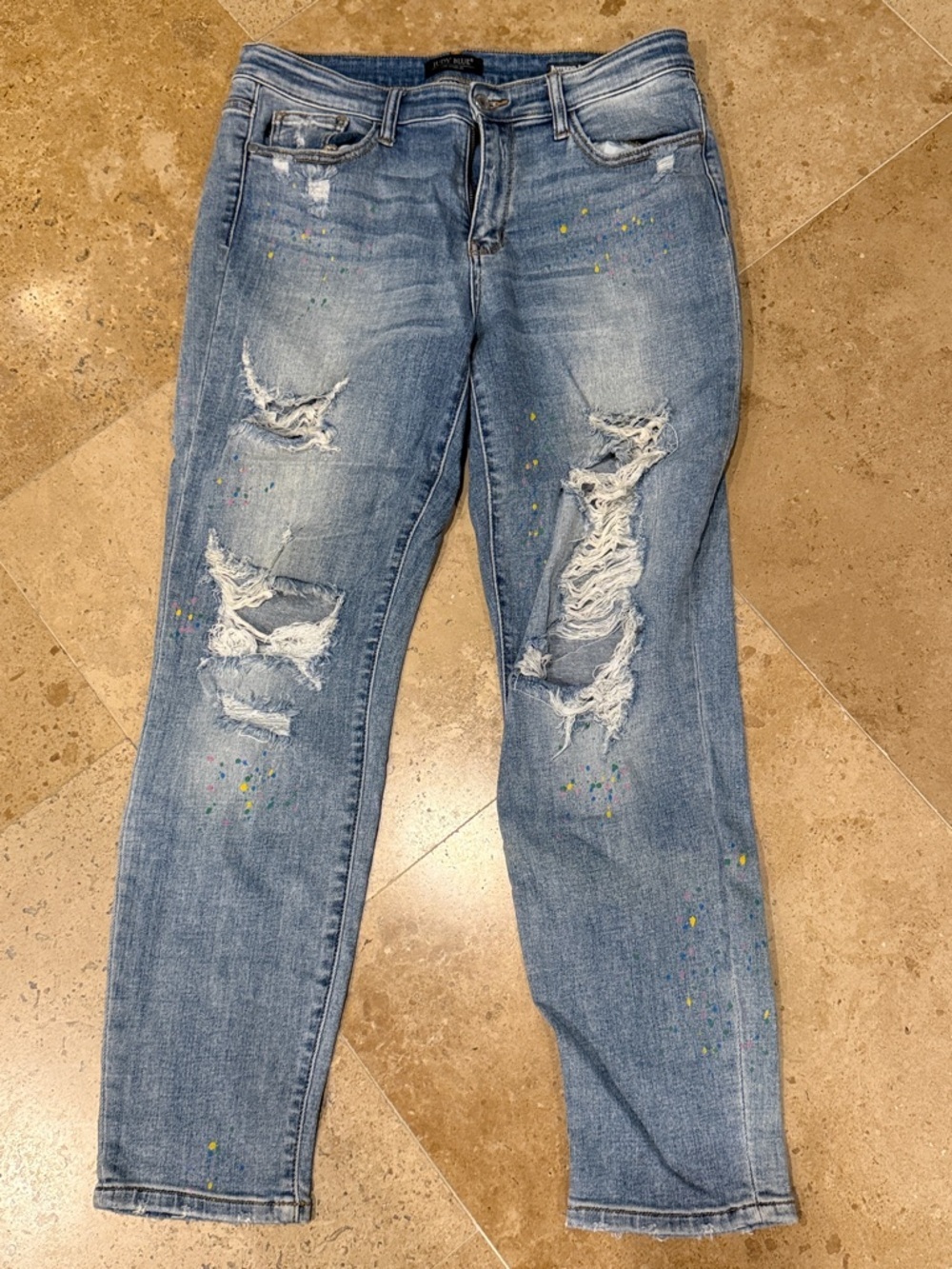 Judy Blue Light Blue Distressed Boyfriend Jeans with Paint Splatter Size 11/30